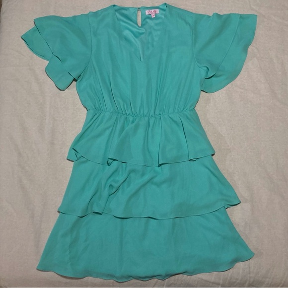 Pink Lily Soft Teal Ruffled Mini Dress with Flutter Sleeves | V Neck - Picture 1 of 14